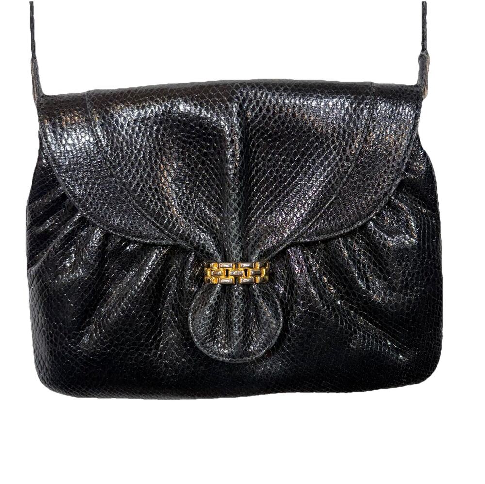 Finesse La Model Black Leather Snake Crossbody Bag Purse Gold Tone Accent
